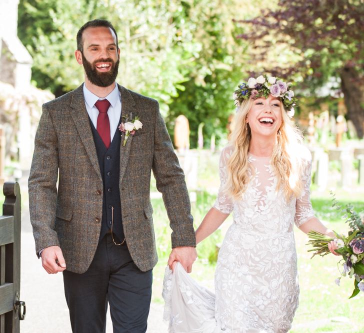 Just Married // Sugar Loaf Barn Wedding // Pale Grey Off The Shoulder Bridesmaids Dresses Rewritten // Groom In Harris Tweed // Hog Roast Evening Buffet // Eleanor Jane Photography