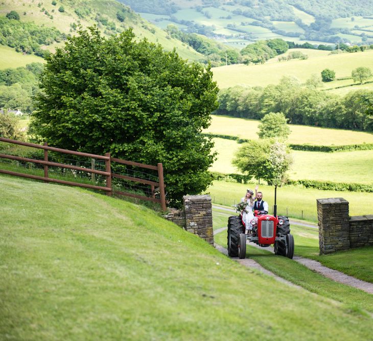 Bride &amp; Groom Arriving On Tractor // Sugar Loaf Barn Wedding // Pale Grey Off The Shoulder Bridesmaids Dresses Rewritten // Groom In Harris Tweed // Hog Roast Evening Buffet // Eleanor Jane Photography