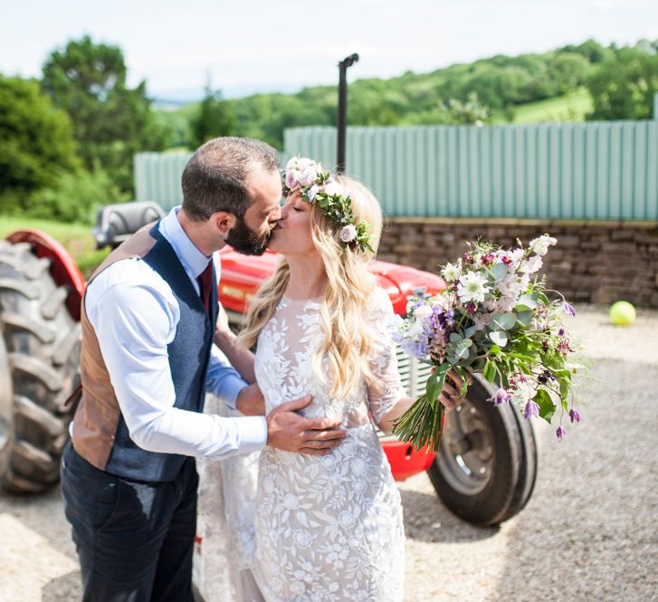 Tractor Wedding Transport // Sugar Loaf Barn Wedding // Pale Grey Off The Shoulder Bridesmaids Dresses Rewritten // Groom In Harris Tweed // Hog Roast Evening Buffet // Eleanor Jane Photography