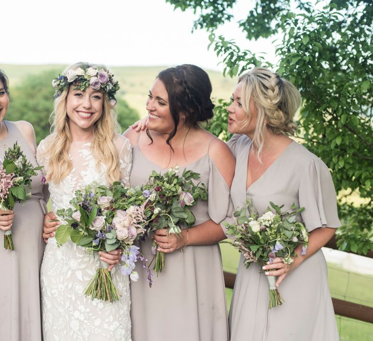 Bridesmaids In Pale Grey Dresses By Rewritten // Sugar Loaf Barn Wedding // Pale Grey Off The Shoulder Bridesmaids Dresses Rewritten // Groom In Harris Tweed // Hog Roast Evening Buffet // Eleanor Jane Photography