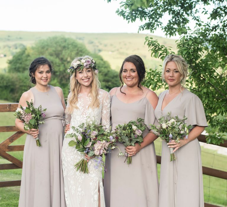 Bridesmaids In Pale Grey Dresses By Rewritten // Sugar Loaf Barn Wedding // Pale Grey Off The Shoulder Bridesmaids Dresses Rewritten // Groom In Harris Tweed // Hog Roast Evening Buffet // Eleanor Jane Photography