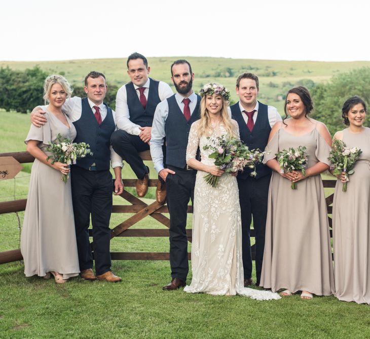 Bridesmaids In Pale Grey Dresses By Rewritten // Sugar Loaf Barn Wedding // Pale Grey Off The Shoulder Bridesmaids Dresses Rewritten // Groom In Harris Tweed // Hog Roast Evening Buffet // Eleanor Jane Photography