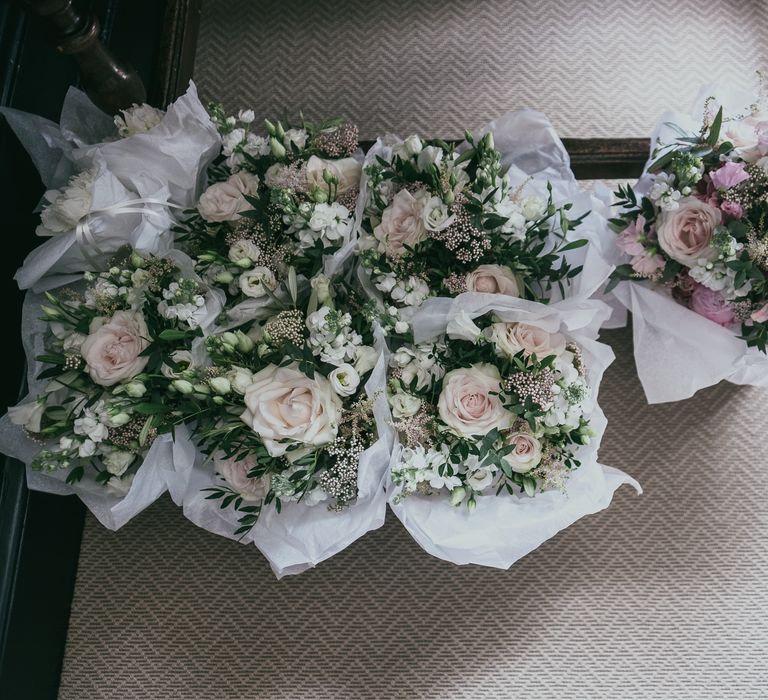 Romantic Pink and White Wedding Bouquets with Foliage