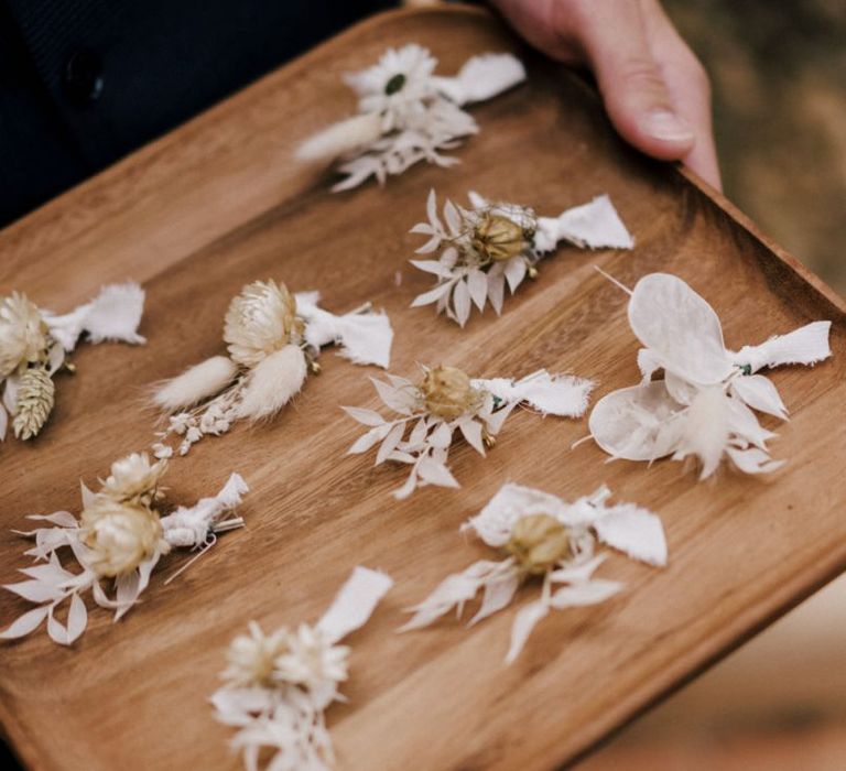 Natural Wedding Buttonholes with Dried Graces and Orchids