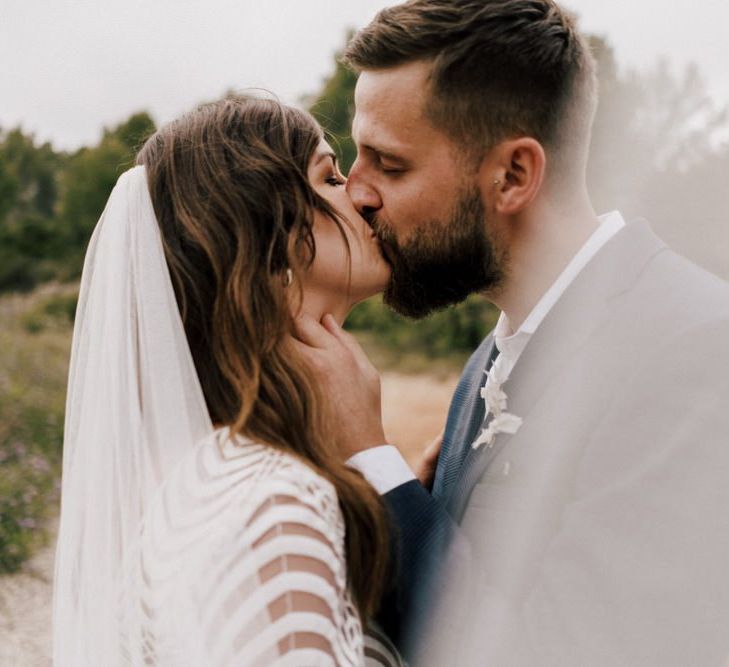 Intimate Bride and Groom Kissing Portrait