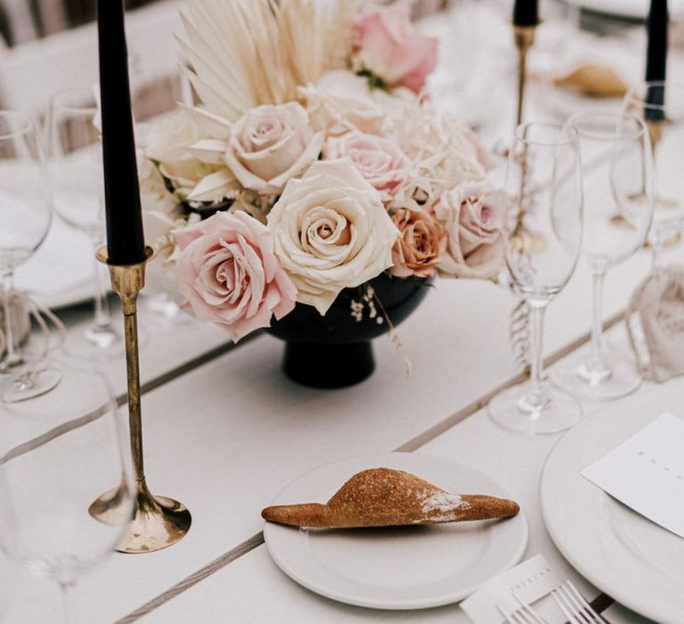 Blush Pink and Nude Rose Wedding Flower Decor with Black Candles in Gold Candlesticks