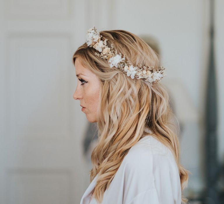 Boho Bride with Wavy Hair and Neutral Flower Crown