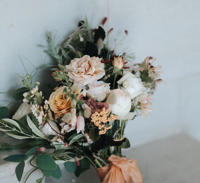 Neutral Wedding Bouquet with Soft Peach and Blush Pink Roses