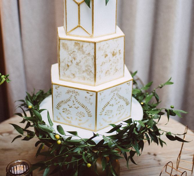 White &amp; Gold Geometric Wedding Cake //  Images By Ed Godden Photography