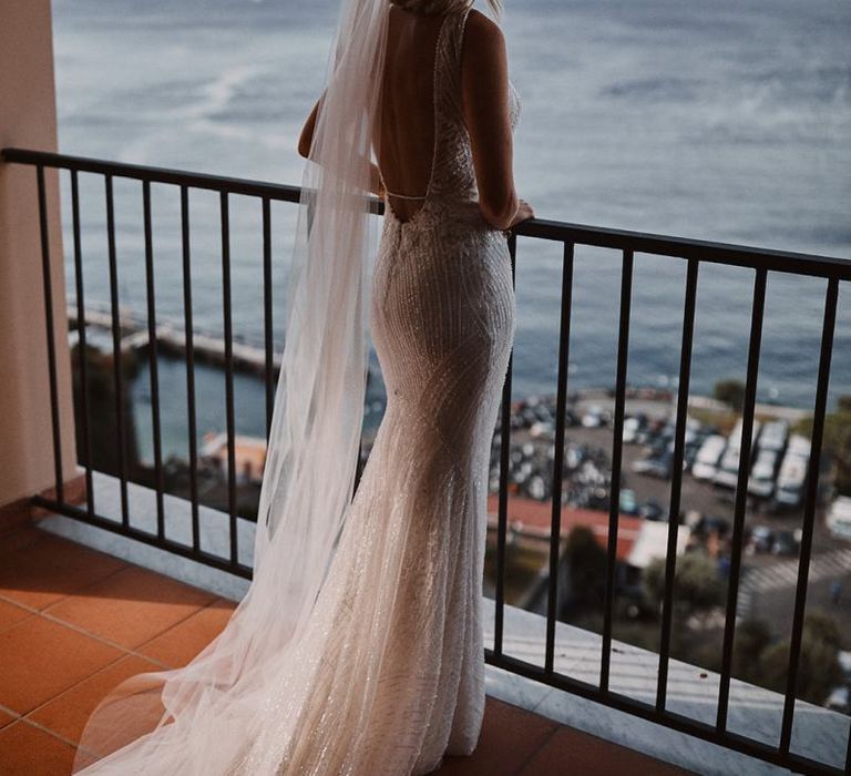 Bride in lace wedding dress at Peters Beach Sorrento