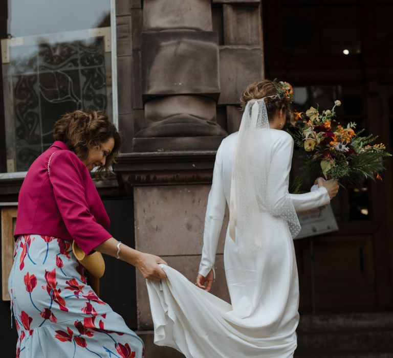 Bride in Satin Wedding Dress, Polka Dot Veil and Orange Wedding Shoes