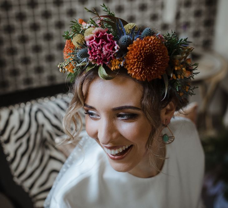 Bride in Bloomsey Orange, Yellow, Pink &amp; Blue Flower Crown