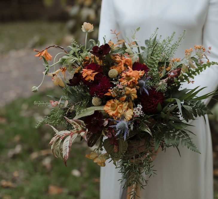 Autumn Wedding Bouquet with Burnt Orange and Red Flowers