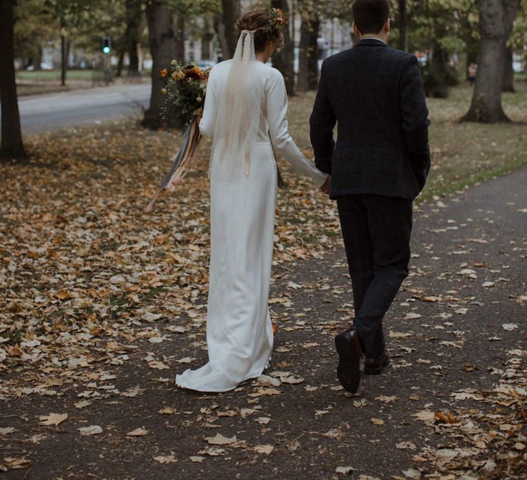 Bride with Polka Dot Wedding Veil and Satin Wedding Dress