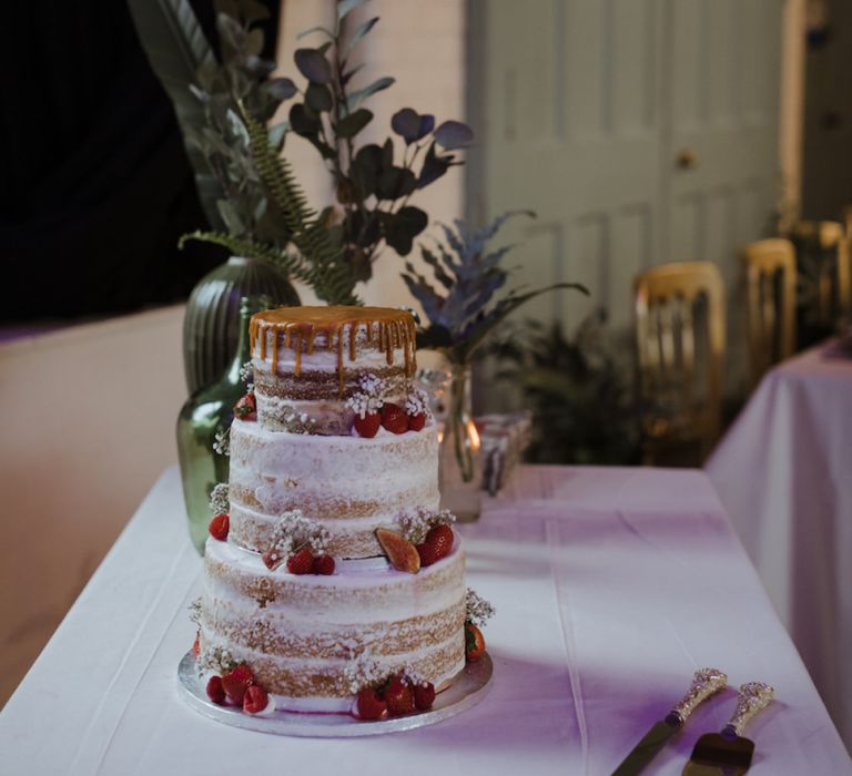 Semi Naked Wedding Cake with Drip Top and Strawberry Decor