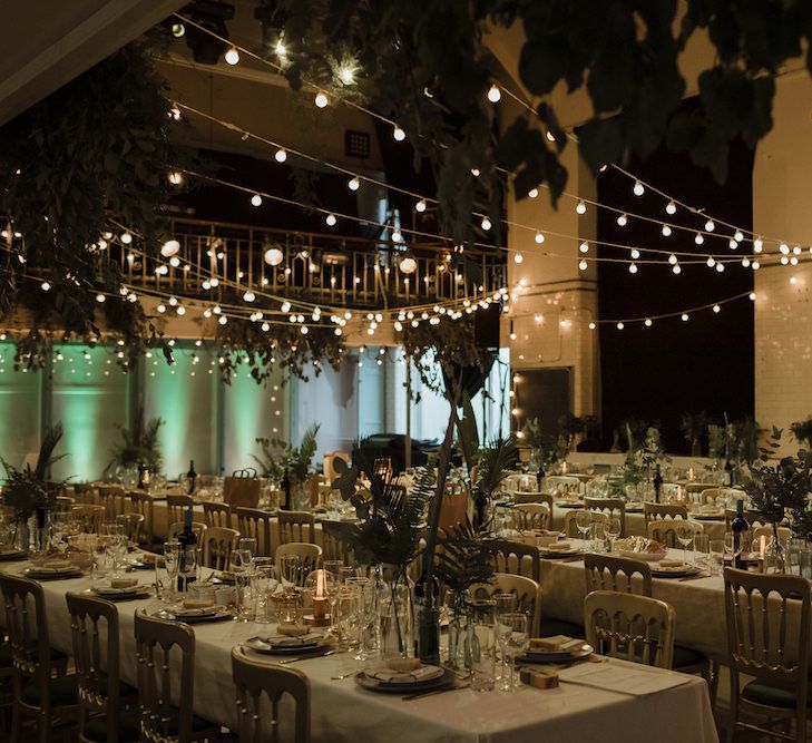 Gold and Green Reception Decor with Festoon Lights