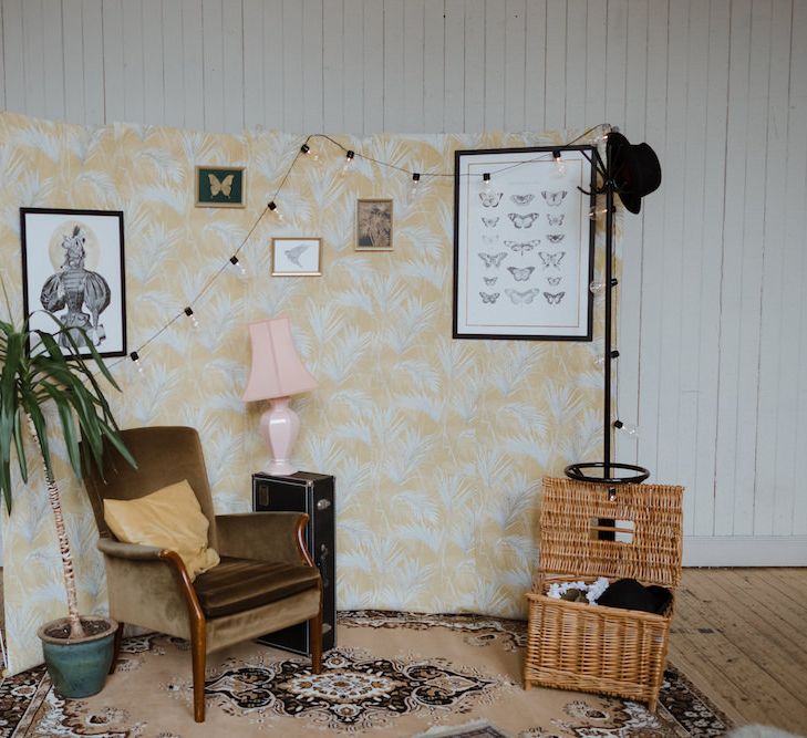 Photo Booth Back Drop with Vintage Chair,  Hat Stand and Festoon Lights