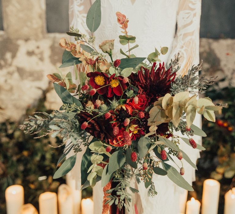 Red and Green Bridal Bouquet with Eucalyptus