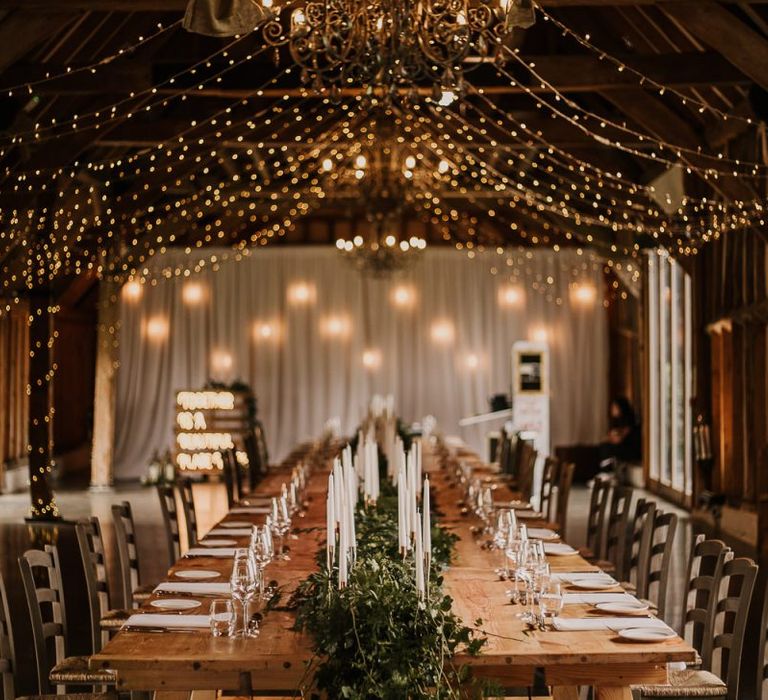 Fairy light covered wedding reception at Southend Barns