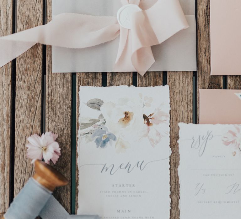 Pastel Floral Stationery Suite By Wonderland Invites // Disney Princess Bride Sleeping Beauty Inspired Wedding With Opulent Florals And Bride In Blush Pink With Images From Rebecca Carpenter Photography