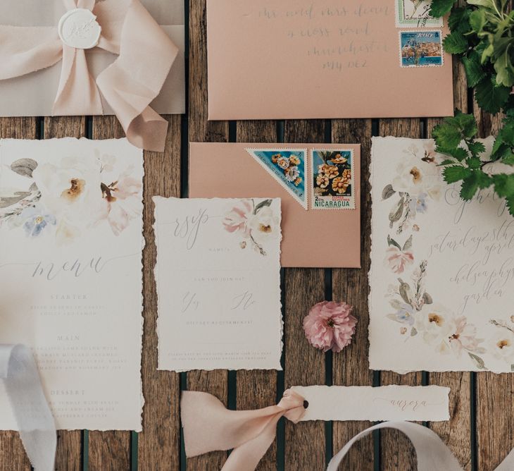 Pastel Floral Stationery Suite By Wonderland Invites // Disney Princess Bride Sleeping Beauty Inspired Wedding With Opulent Florals And Bride In Blush Pink With Images From Rebecca Carpenter Photography