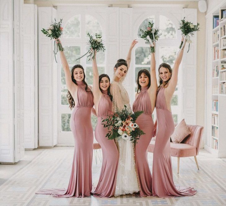 Bridesmaids in Pink Halterneck Dresses for Small Wedding