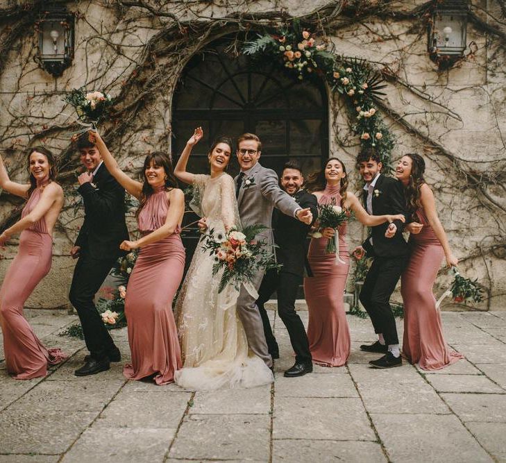 Wedding Party Portrait with Bridesmaids in Pink Dresses