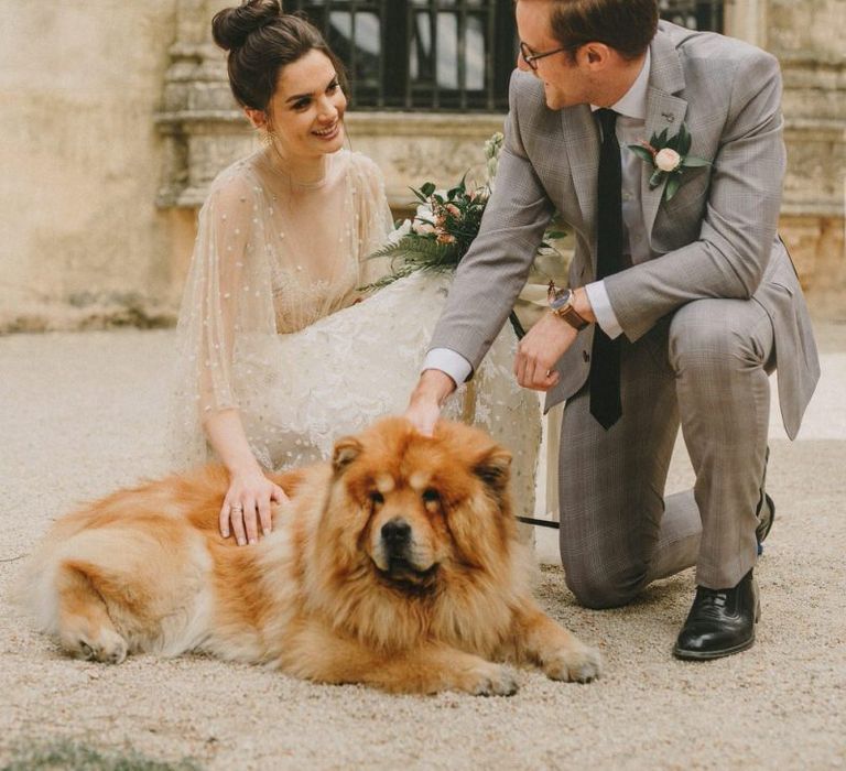 Bride and Groom Portrait with Their Pet Dog