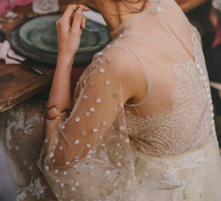 Bride in Sheer Wedding Dress with Lace Detail