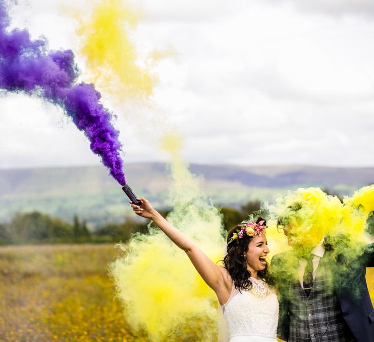 Colourful Smoke Bomb/Flares For Couples Shots At Wedding // Image By Cassandra Lane