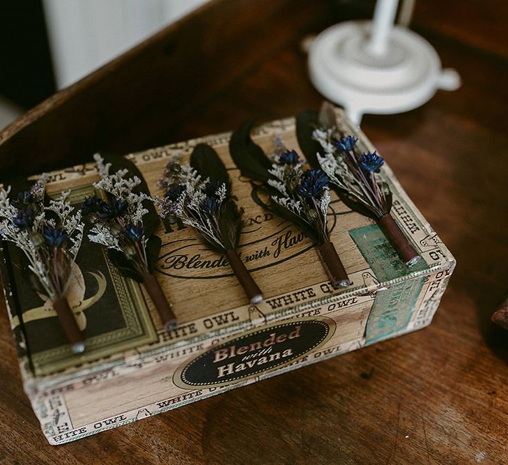 Dried Flower Buttonholes on Wooden Box