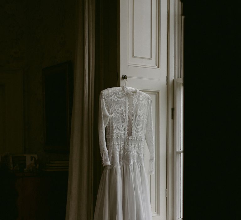 Homemade Wedding Dress with Lace Long Sleeve, Bodice and High Neck