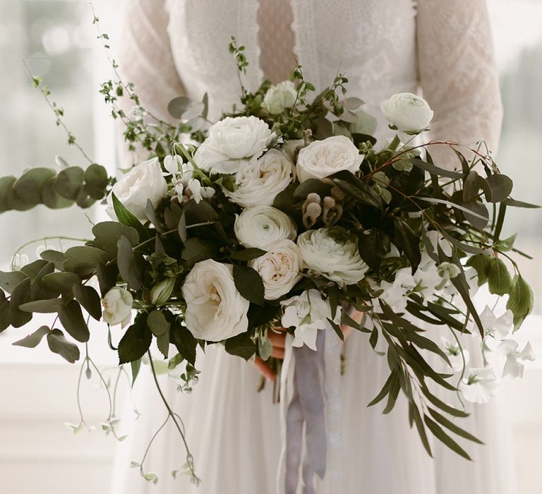 Oversized White and Green Wedding Bouquet with Roses and Ranunculus