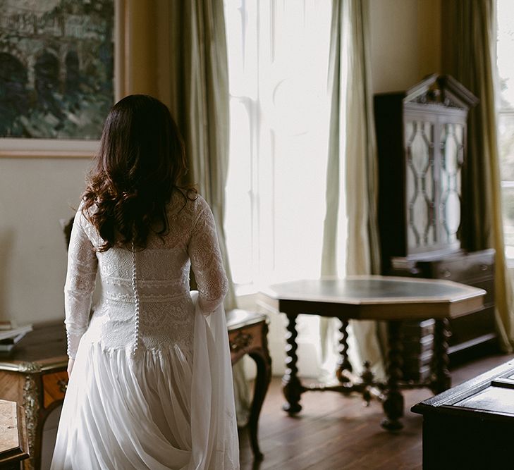 Bride in Homemade Wedding Dress with Full Skirt, Lace Bodice and Long Sleeves