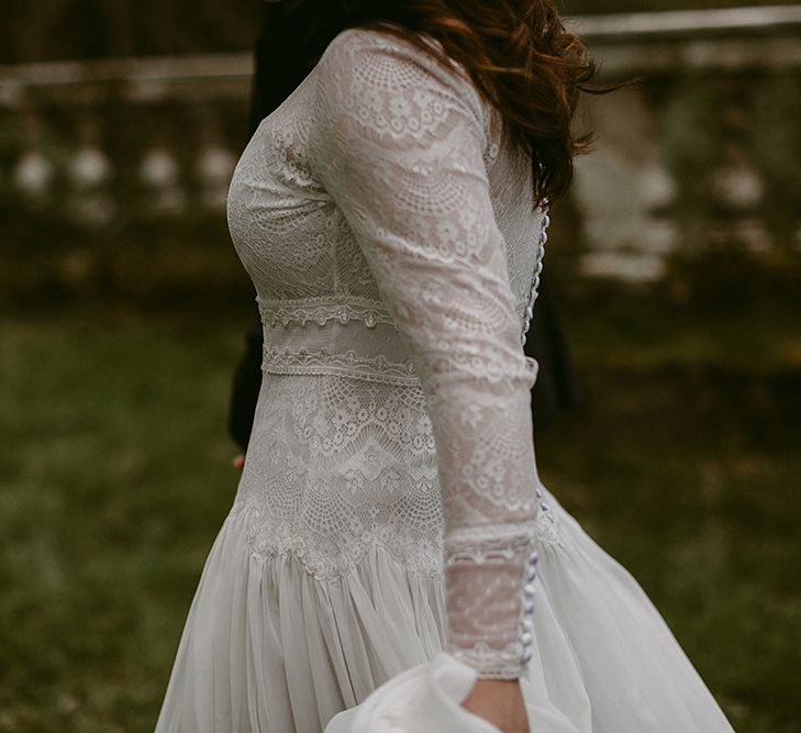 Homemade Wedding Dress with Lace Long Sleeves and High Neck