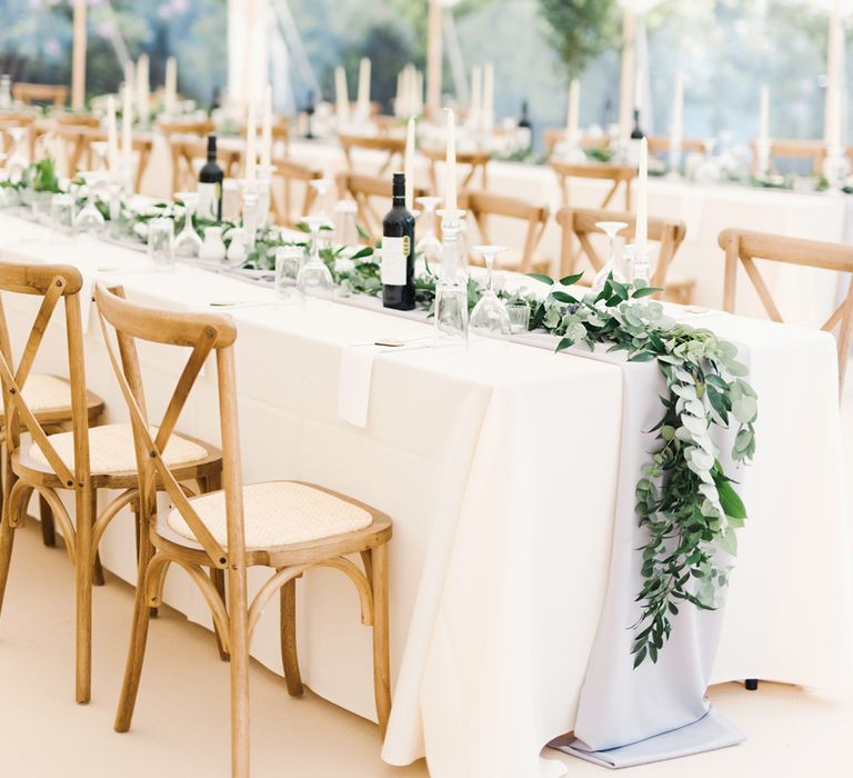 Wooden Cross Back Chairs With Pale Grey Linen