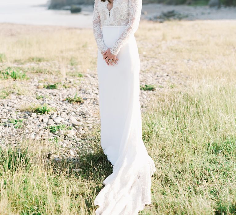 Bride In Bespoke Long Sleeved Lace Wedding Dress By Emma Beaumont