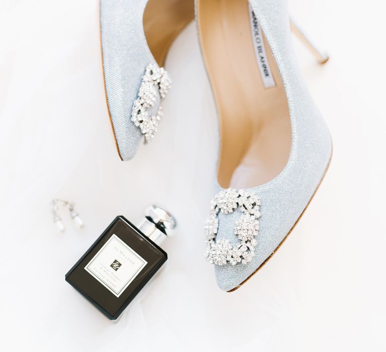 Pale Blue Manolo Blahnik Wedding Shoes // Anglesey Wedding With Foliage Details And Skateboarding Groom And Bride In Emma Beaumont With Images From Emma Pilkington Weddings