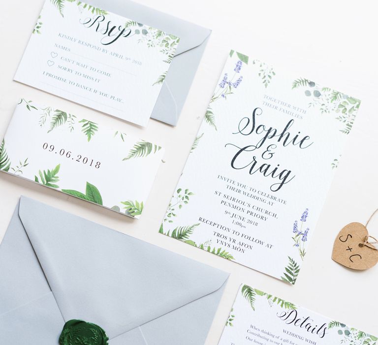 Elegant Stationery Suite With Foliage // Anglesey Wedding With Foliage Details And Skateboarding Groom And Bride In Emma Beaumont With Images From Emma Pilkington Weddings