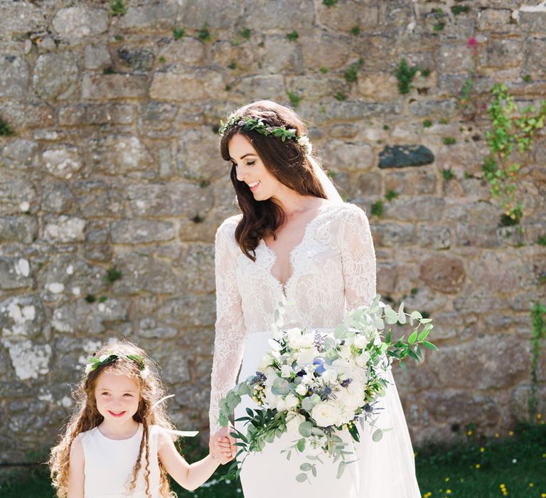 Bride In Bespoke Emma Beaumont Dress With Long Lace Sleeves