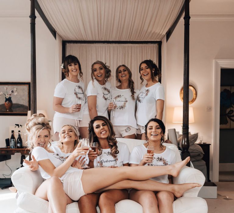 Wedding Morning Bridal Preparations with Bride and Bridesmaids in Matching Pyjamas