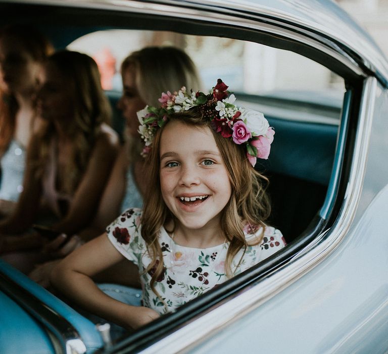 Vintage Blue Cadillac Wedding Car | Flower Girl in Floral Print Dress with Flower Crown | Budapest Wedding with Giant Bridal Bouquet, Tuk Tuks and Cadillac | Jágity Fanni Fotográfus