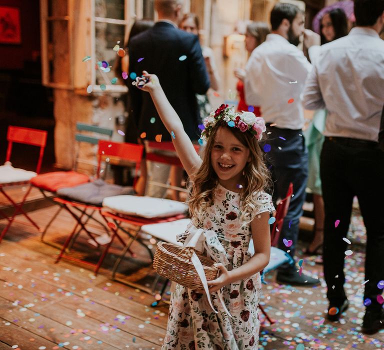 Flower Girl in Floral Print Dress with Flower Crown | Colourful Confetti | Confetti Basket | Budapest Wedding with Giant Bridal Bouquet, Tuk Tuks and Cadillac | Jágity Fanni Fotográfus