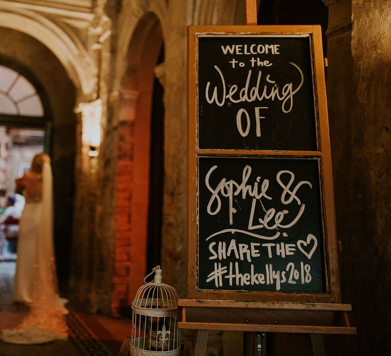 Chalkboard Welcome Sign | Budapest Wedding with Giant Bridal Bouquet, Tuk Tuks and Cadillac | Jágity Fanni Fotográfus