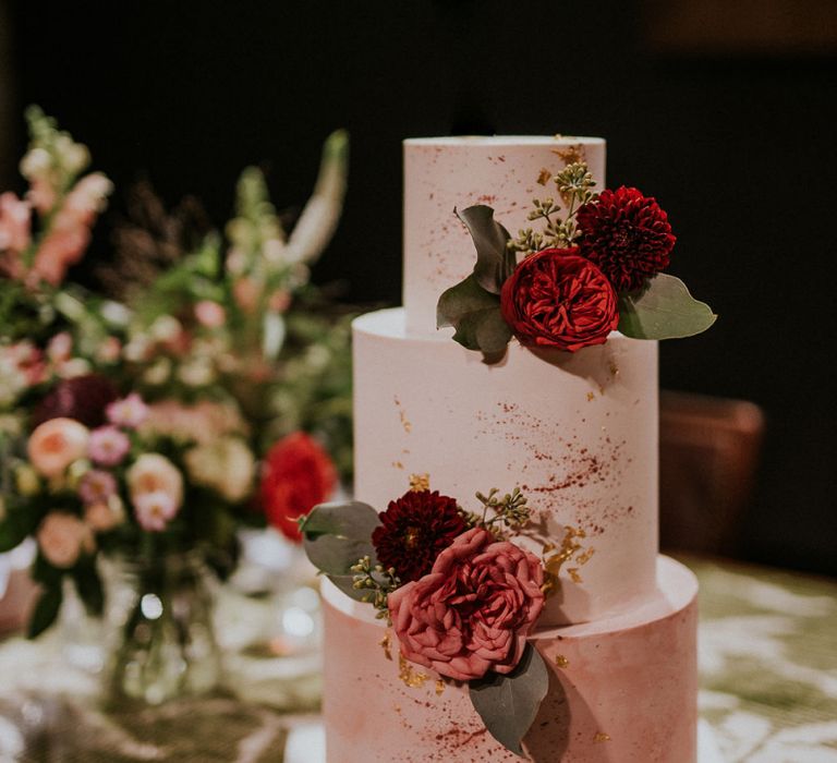 Three-Tier Wedding Cake with Pink Icing, Gold Leaf and Pink Flowers | Budapest Wedding with Giant Bridal Bouquet, Tuk Tuks and Cadillac | Jágity Fanni Fotográfus