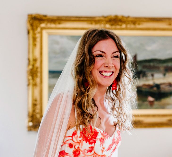 Beautiful Bride in Red &amp; White Joanne Fleming Design Wedding Dress | Colourful Alternative Winter Wedding at Upwaltham Barns, Sussex | Epic Love Story Photography