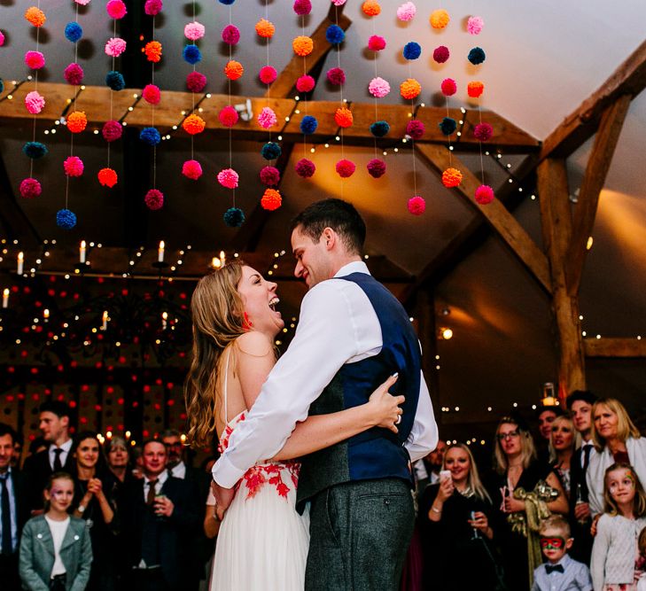 First Dance | Bride in Red &amp; White Joanne Fleming Design Wedding Dress | Groom in Suit Supply Suit | Colourful Alternative Winter Wedding at Upwaltham Barns, Sussex | Epic Love Story Photography