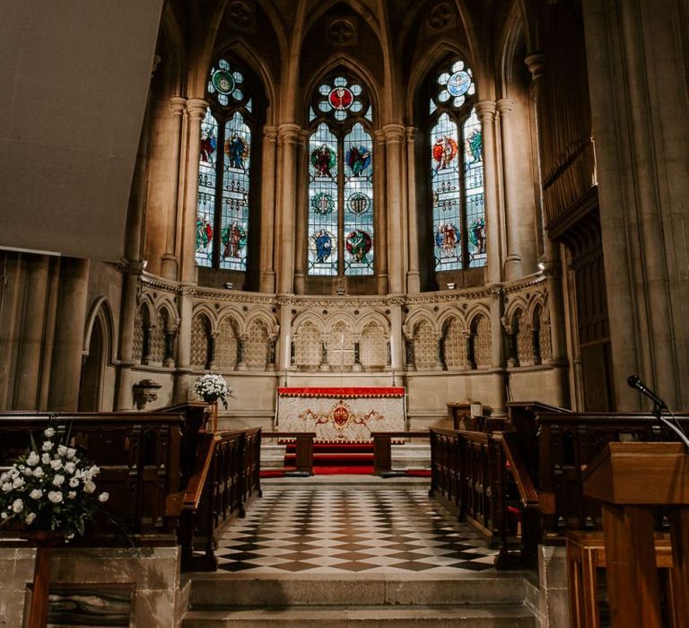 Church details for intimate morning ceremony in autumn