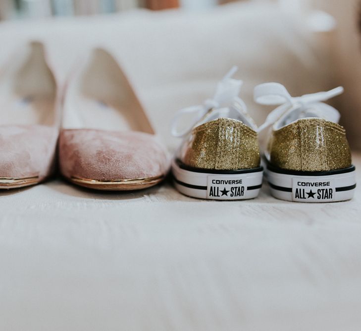 Bridal Shoes | Gold, Grey &amp; Green Rustic Wedding at The Gilbert White’s 16th Century Hampshire Barn | Joasis Photography