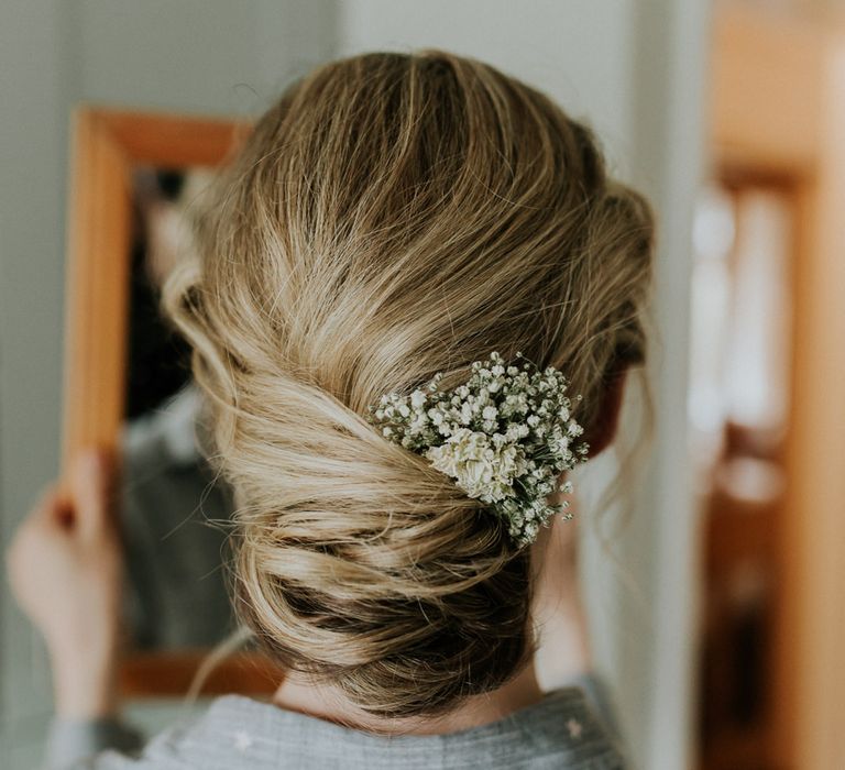 Bridal Up Do with Hair Accessory | Gold, Grey &amp; Green Rustic Wedding at The Gilbert White’s 16th Century Hampshire Barn | Joasis Photography